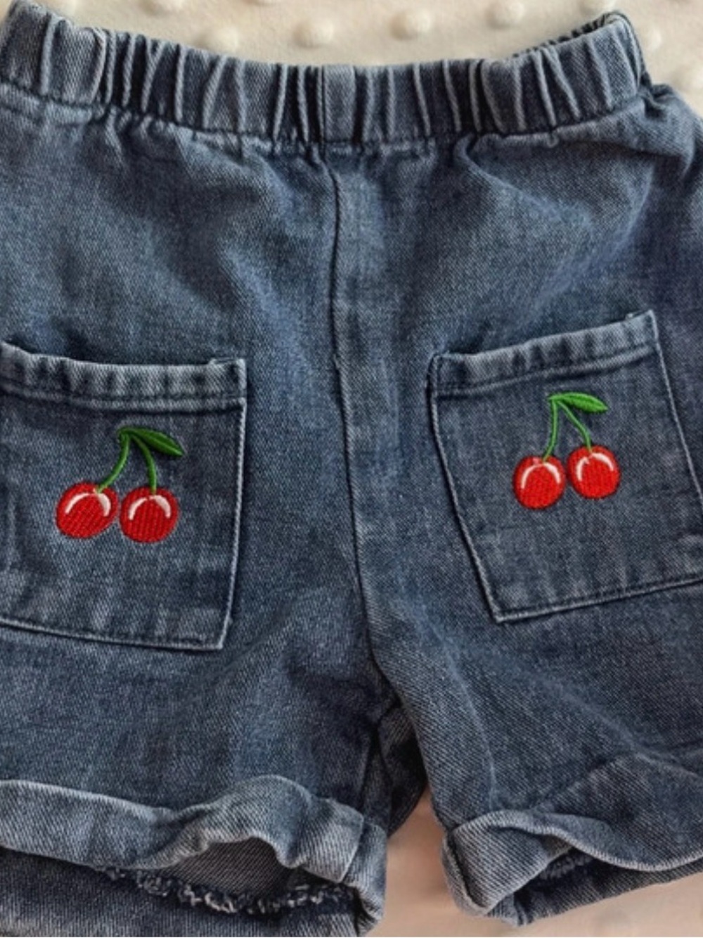 SHEIN Blue Denim Shorts with Red Cherry Pocket Embroidery